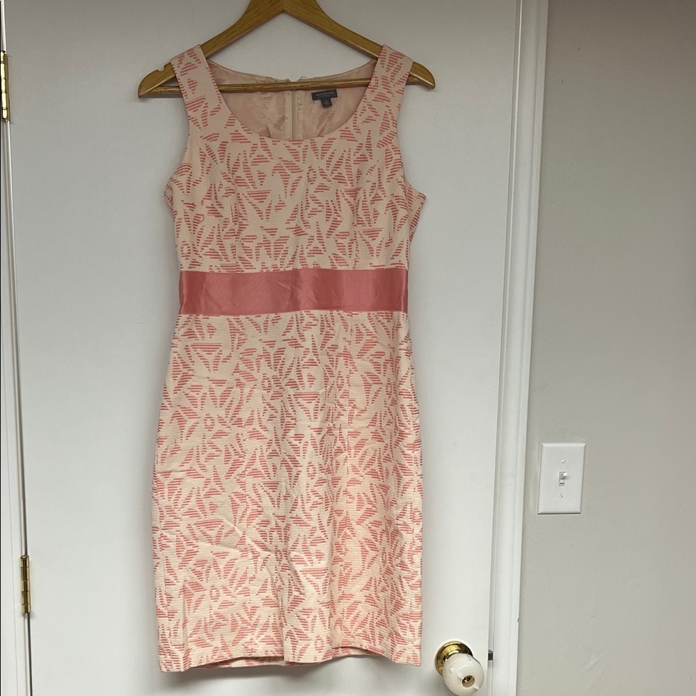 Ann Taylor Sleeveless Pink Patterned Sheath Dress with Satin Waistband